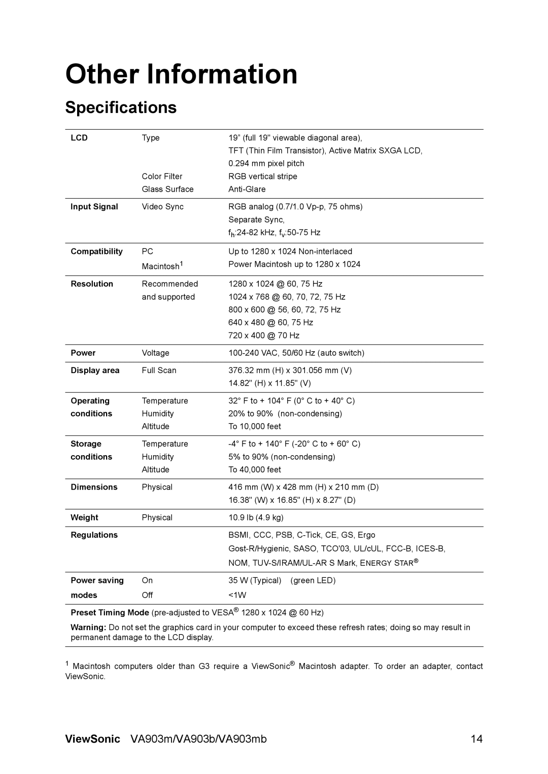 ViewSonic VS11282, VA903MB warranty Other Information, Specifications 