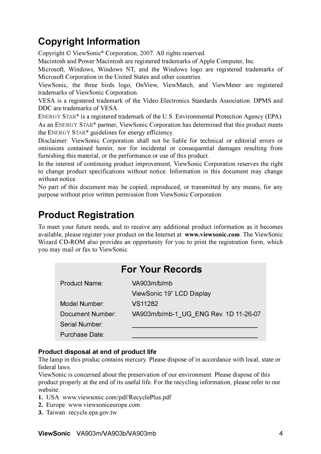 ViewSonic VA903M Copyright Information, Product Registration For Your Records, Product disposal at end of product life 