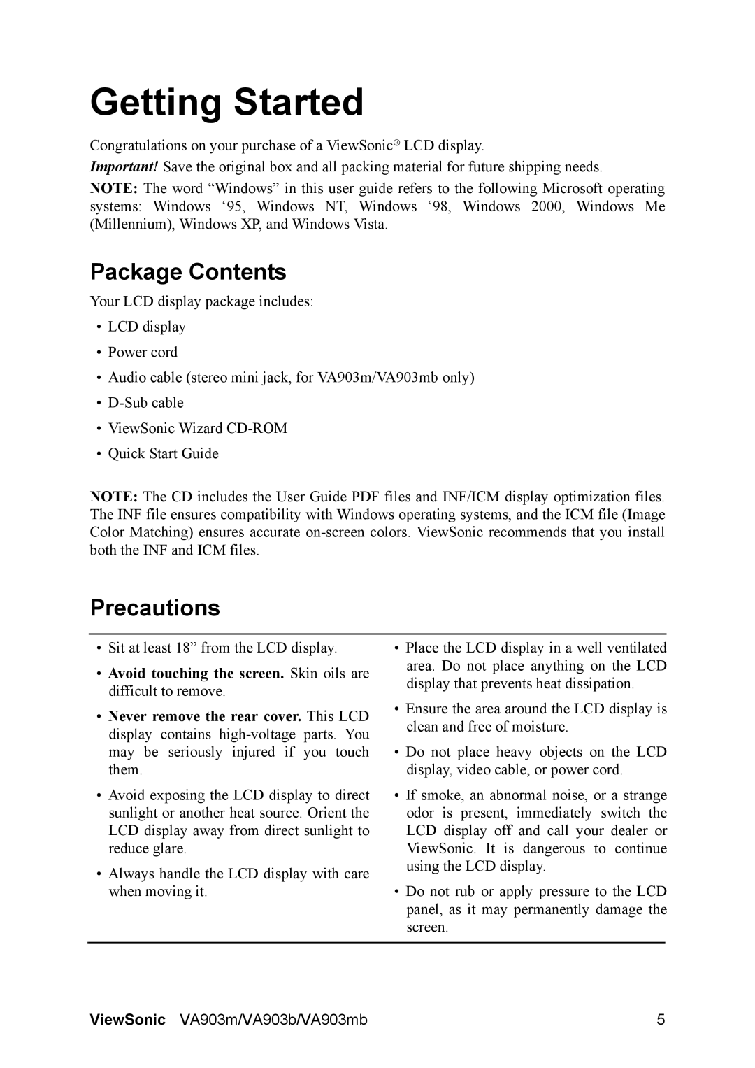 ViewSonic VS11282, VA903MB warranty Package Contents, Precautions 