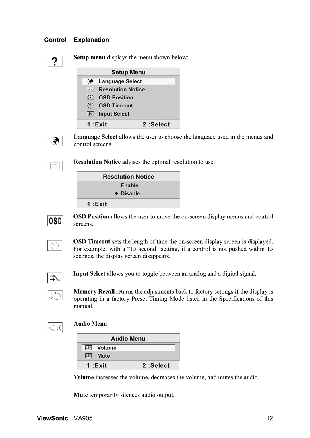 ViewSonic VA905 manual Audio Menu 