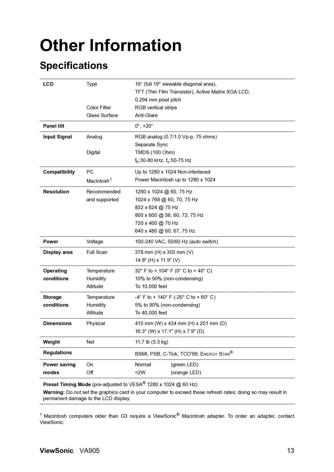 ViewSonic VA905 manual Other Information, Specifications 