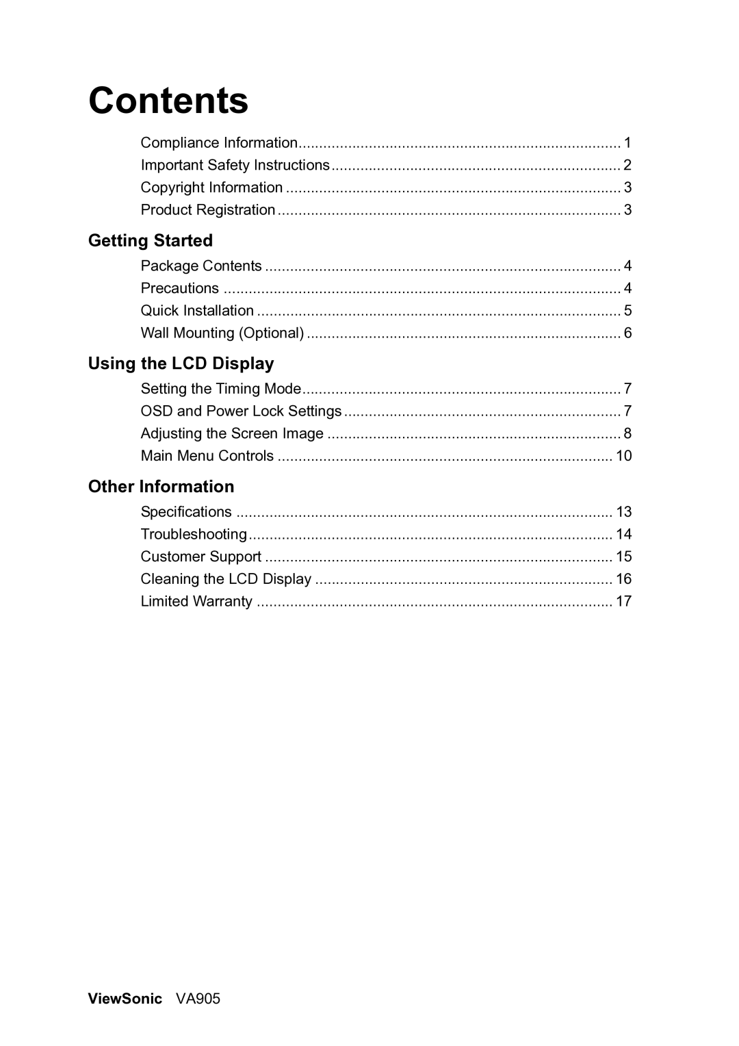 ViewSonic VA905 manual Contents 