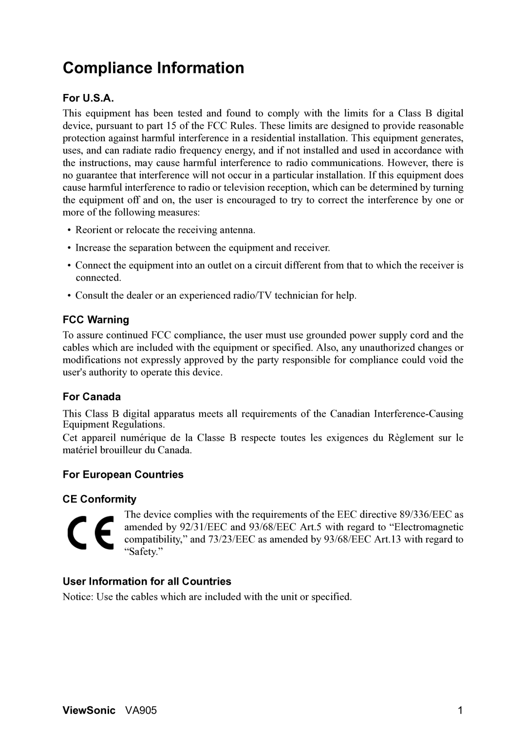 ViewSonic VA905 manual Compliance Information 