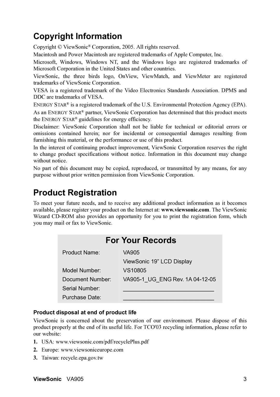 ViewSonic VA905 Copyright Information, Product Registration For Your Records, Product disposal at end of product life 