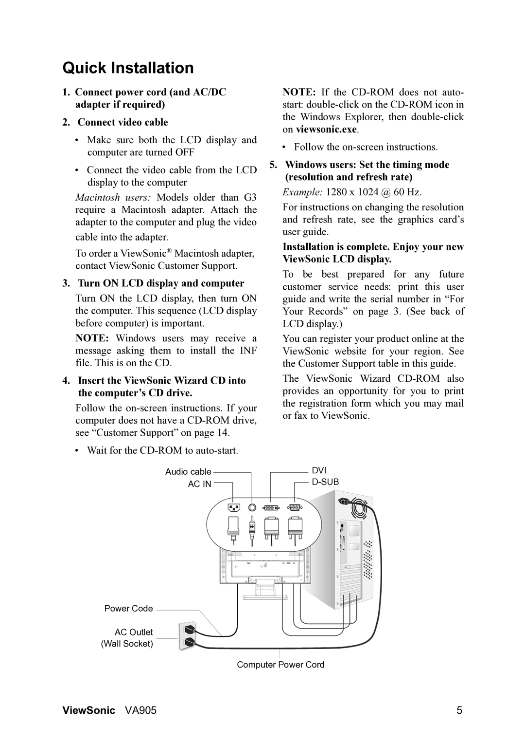 ViewSonic VA905 manual Quick Installation, Turn on LCD display and computer 