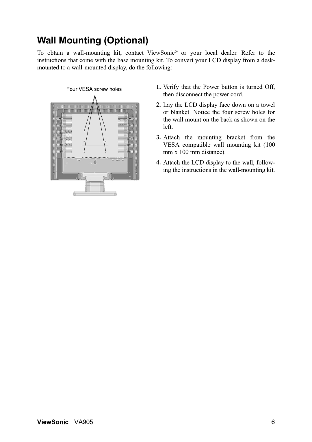 ViewSonic VA905 manual Wall Mounting Optional 