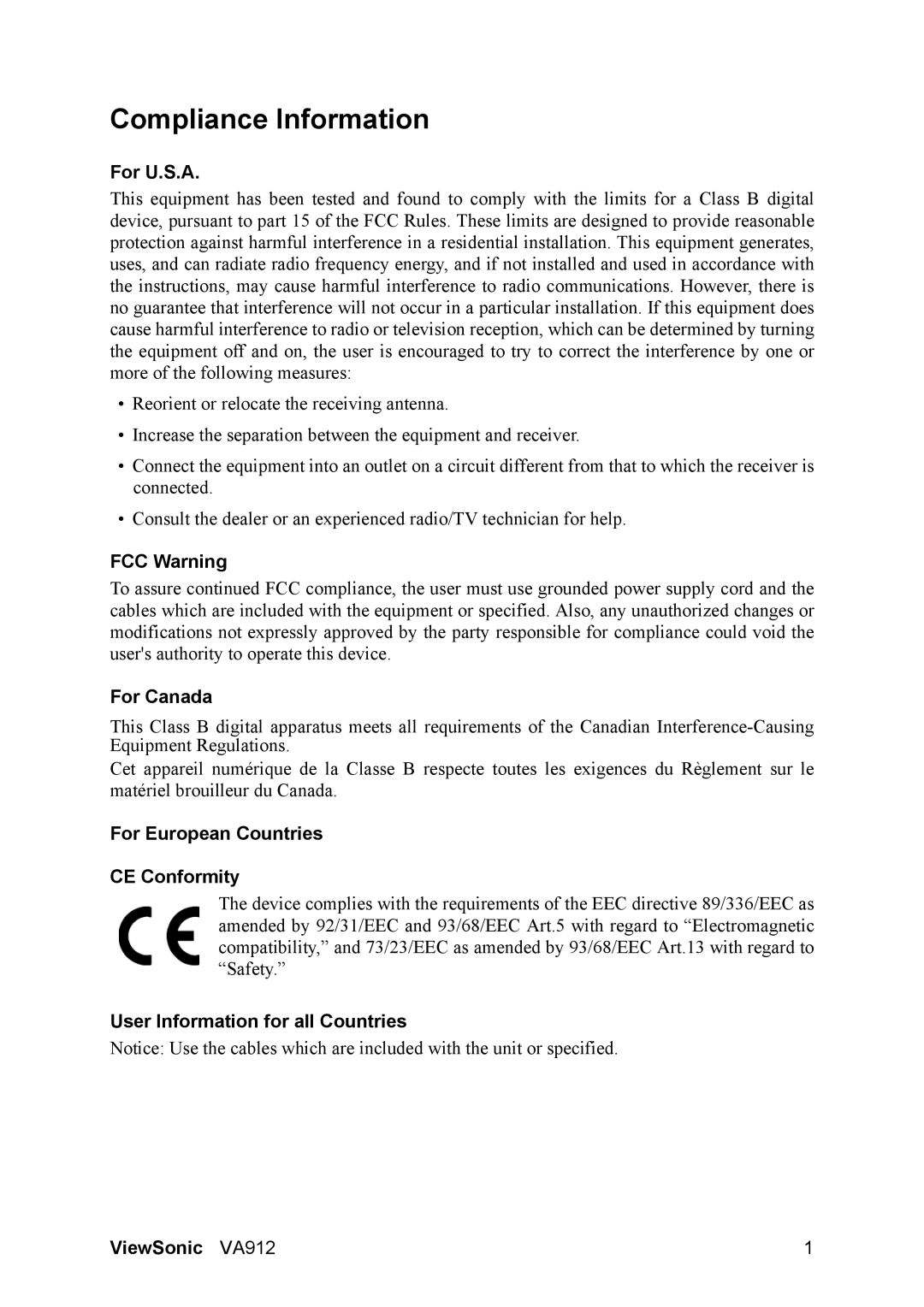 ViewSonic VA912 manual Compliance Information 