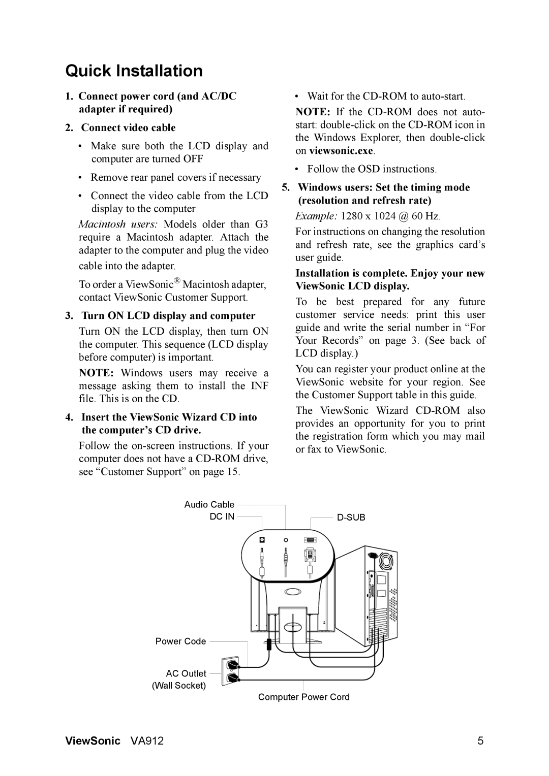 ViewSonic VA912 manual Quick Installation, Turn on LCD display and computer 