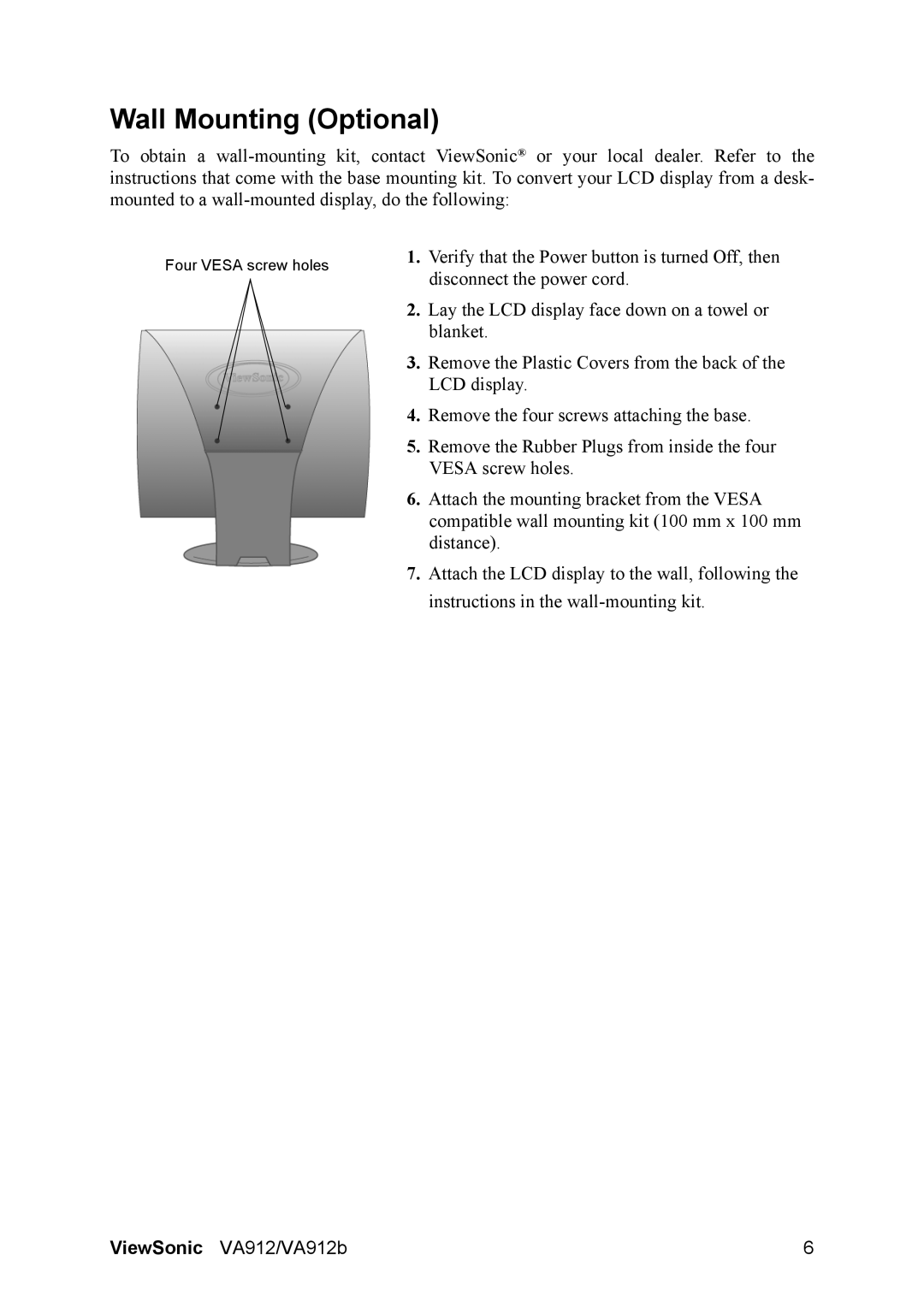 ViewSonic VA912b-1, VA912-1 manual Wall Mounting Optional 