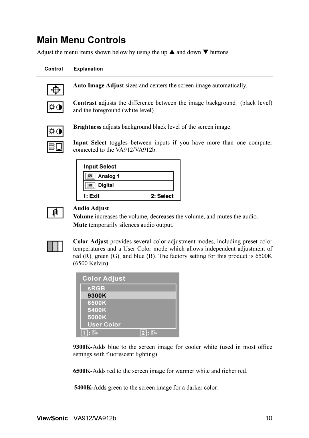 ViewSonic VA912b-1, VA912-1 manual Main Menu Controls, Audio Adjust 