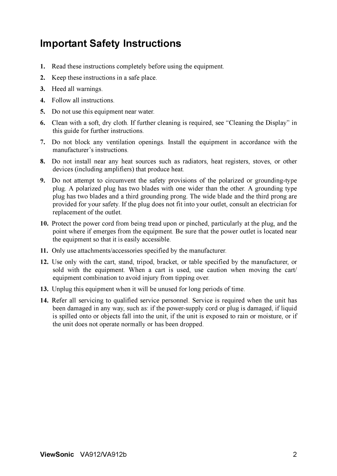 ViewSonic VA912b-1, VA912-1 manual Important Safety Instructions 