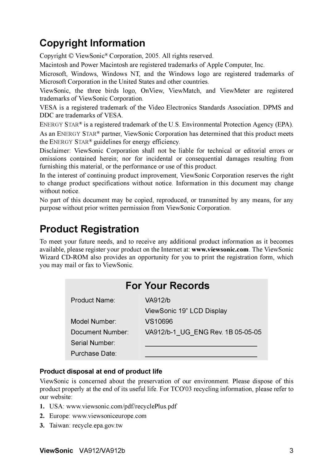 ViewSonic VA912-1 Copyright Information, Product Registration For Your Records, Product disposal at end of product life 