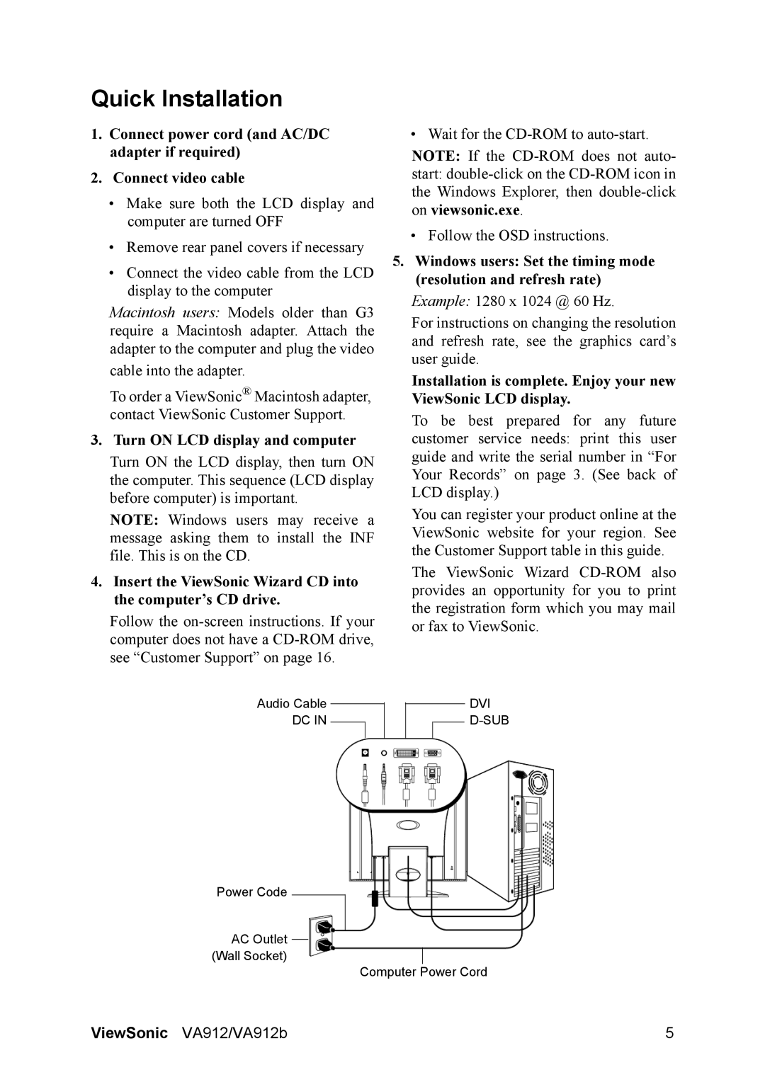 ViewSonic VA912-1, VA912b-1 manual Quick Installation, Turn on LCD display and computer 