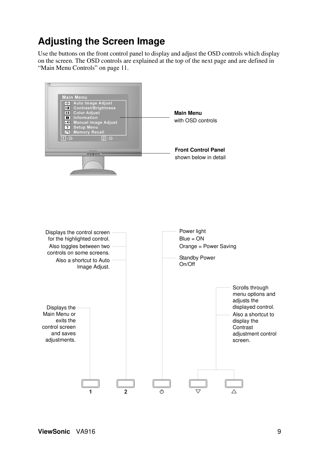 ViewSonic VA916, VS11962 warranty Adjusting the Screen Image, Front Control Panel 