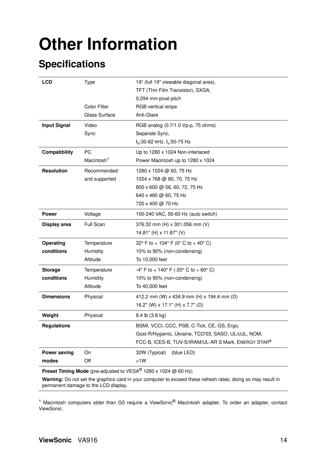 ViewSonic VS11962, VA916 warranty Other Information, Specifications 