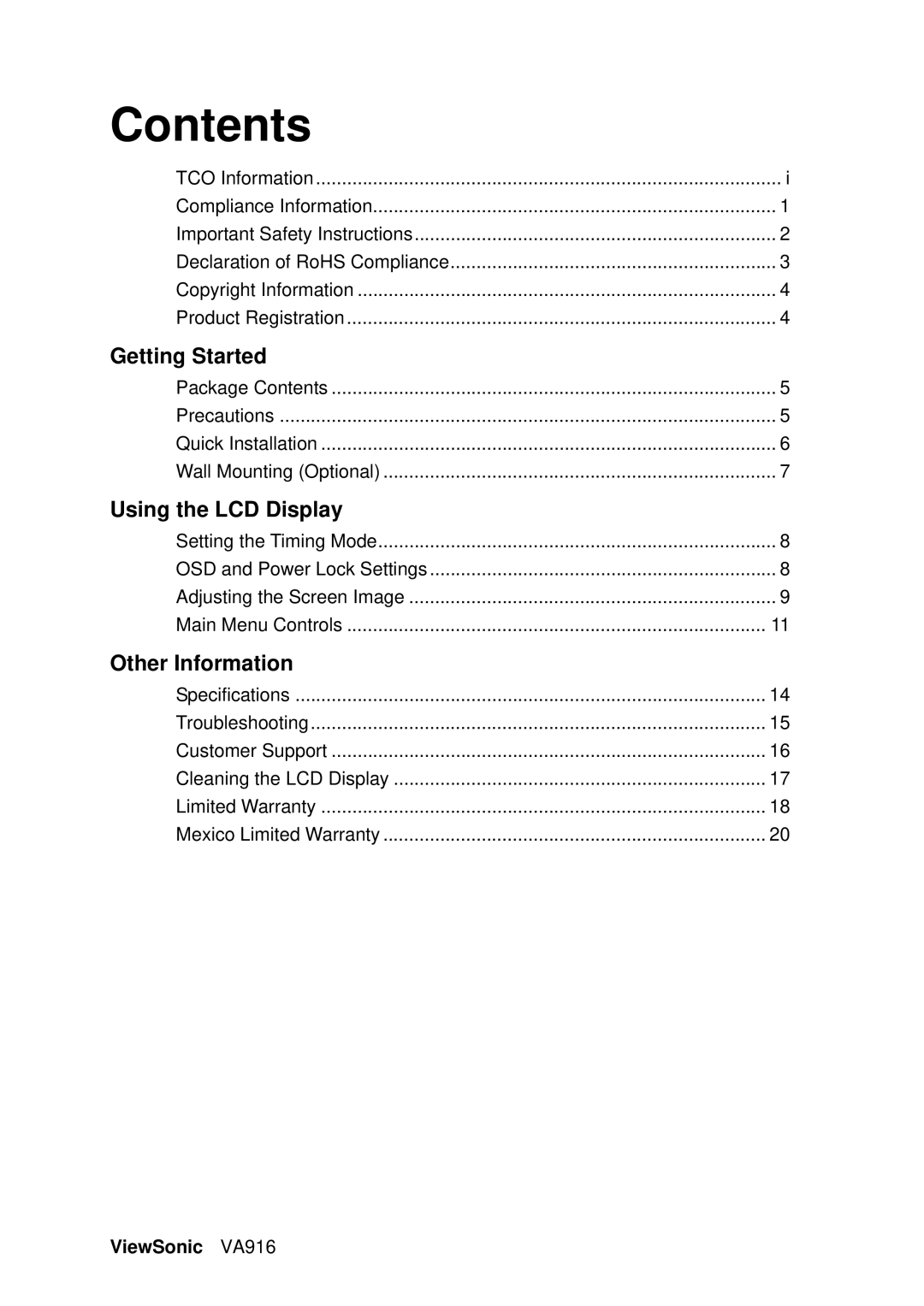 ViewSonic VA916, VS11962 warranty Contents 