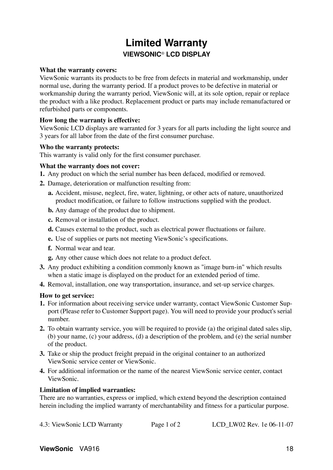 ViewSonic VS11962, VA916 warranty Limited Warranty, Viewsonic LCD Display 