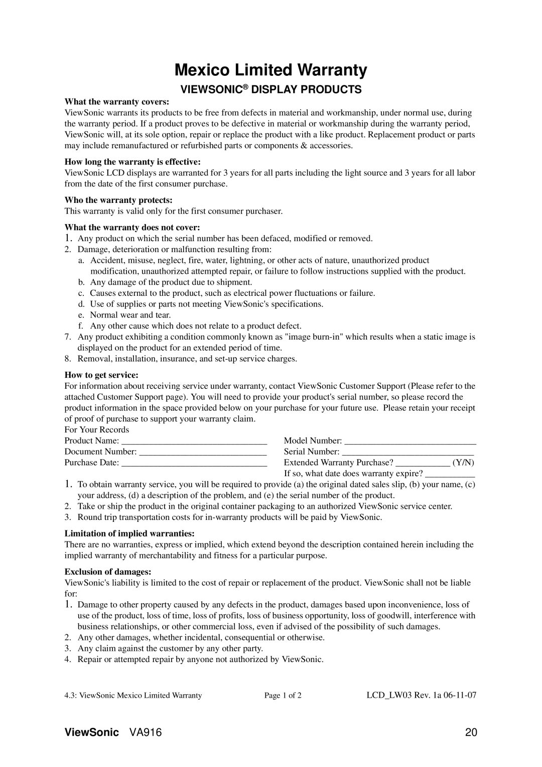 ViewSonic VS11962, VA916 warranty Mexico Limited Warranty, Viewsonic Display Products 