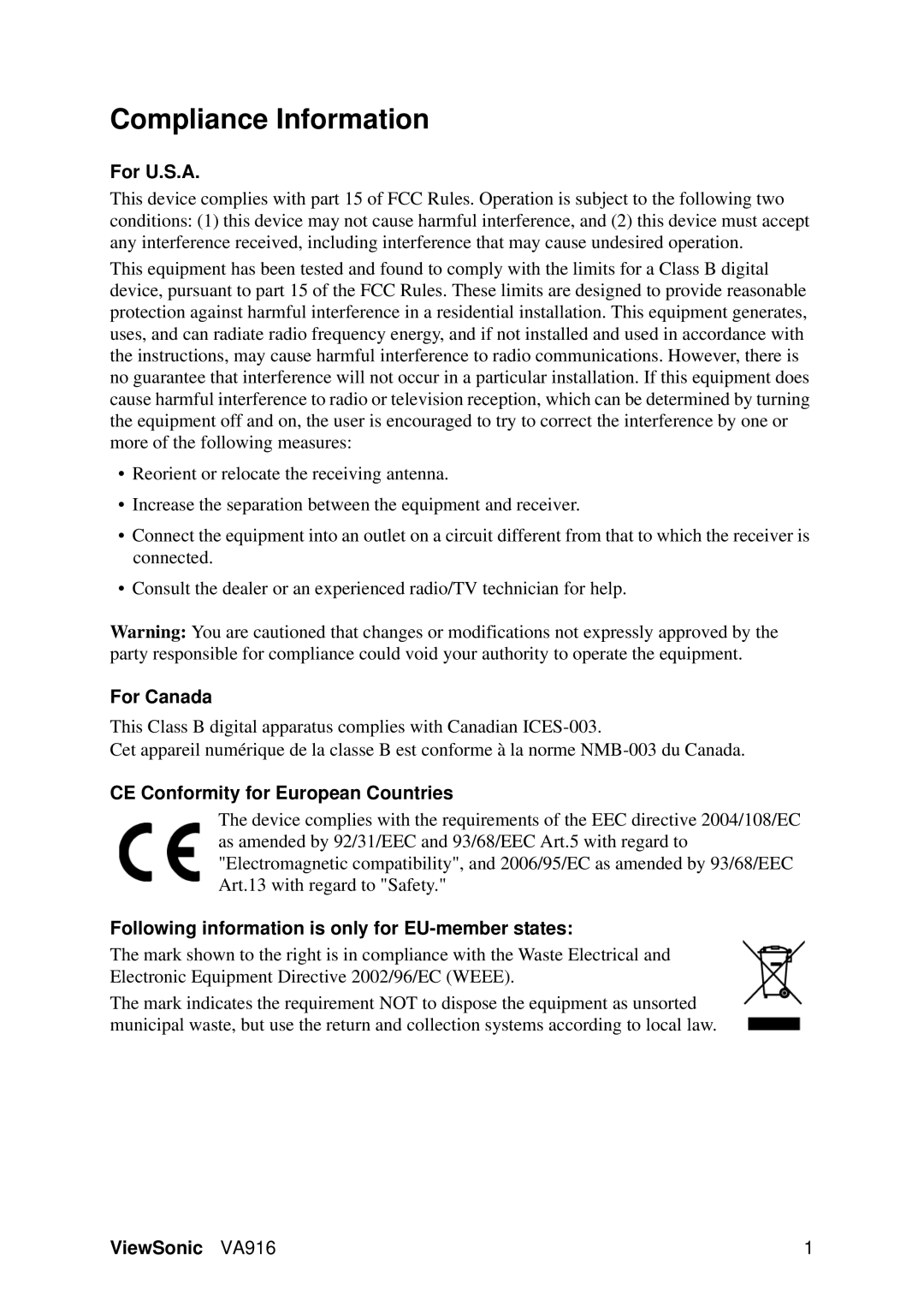 ViewSonic VA916, VS11962 warranty Compliance Information, For U.S.A, For Canada, CE Conformity for European Countries 