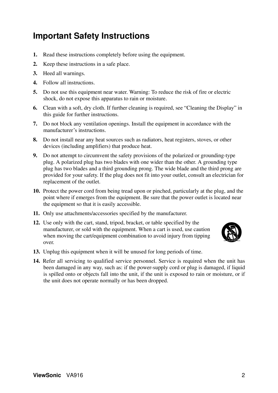 ViewSonic VS11962, VA916 warranty Important Safety Instructions 