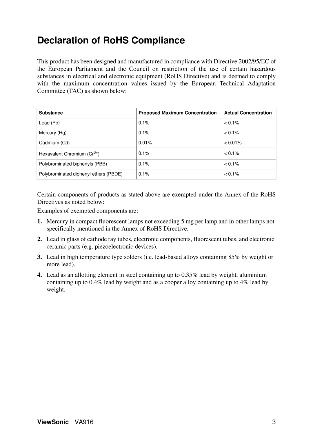 ViewSonic VA916, VS11962 warranty Declaration of RoHS Compliance 