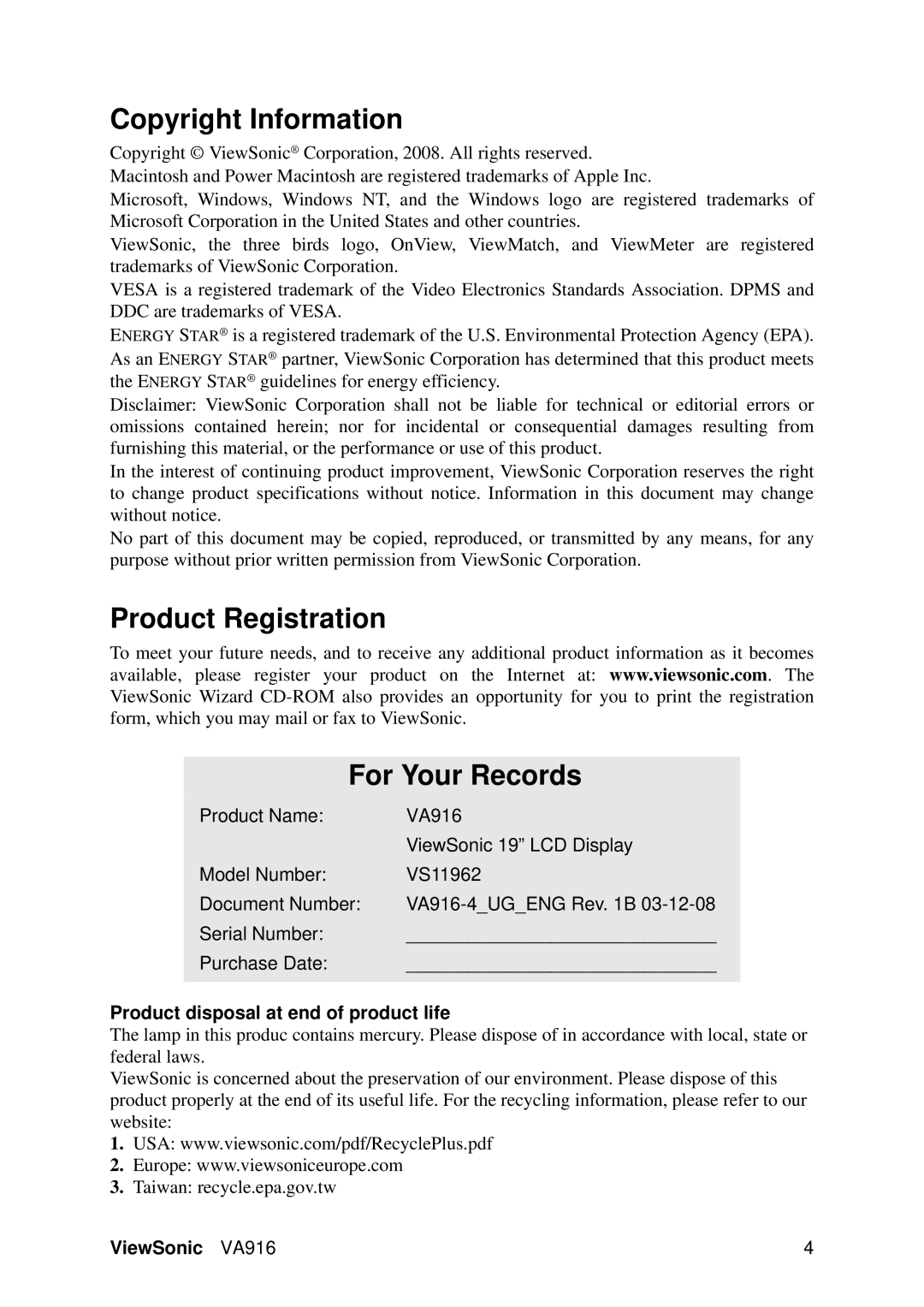 ViewSonic VS11962 Copyright Information, Product Registration For Your Records, Product disposal at end of product life 