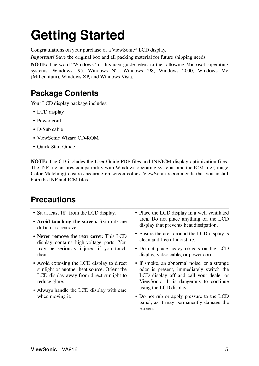 ViewSonic VA916, VS11962 warranty Package Contents, Precautions 