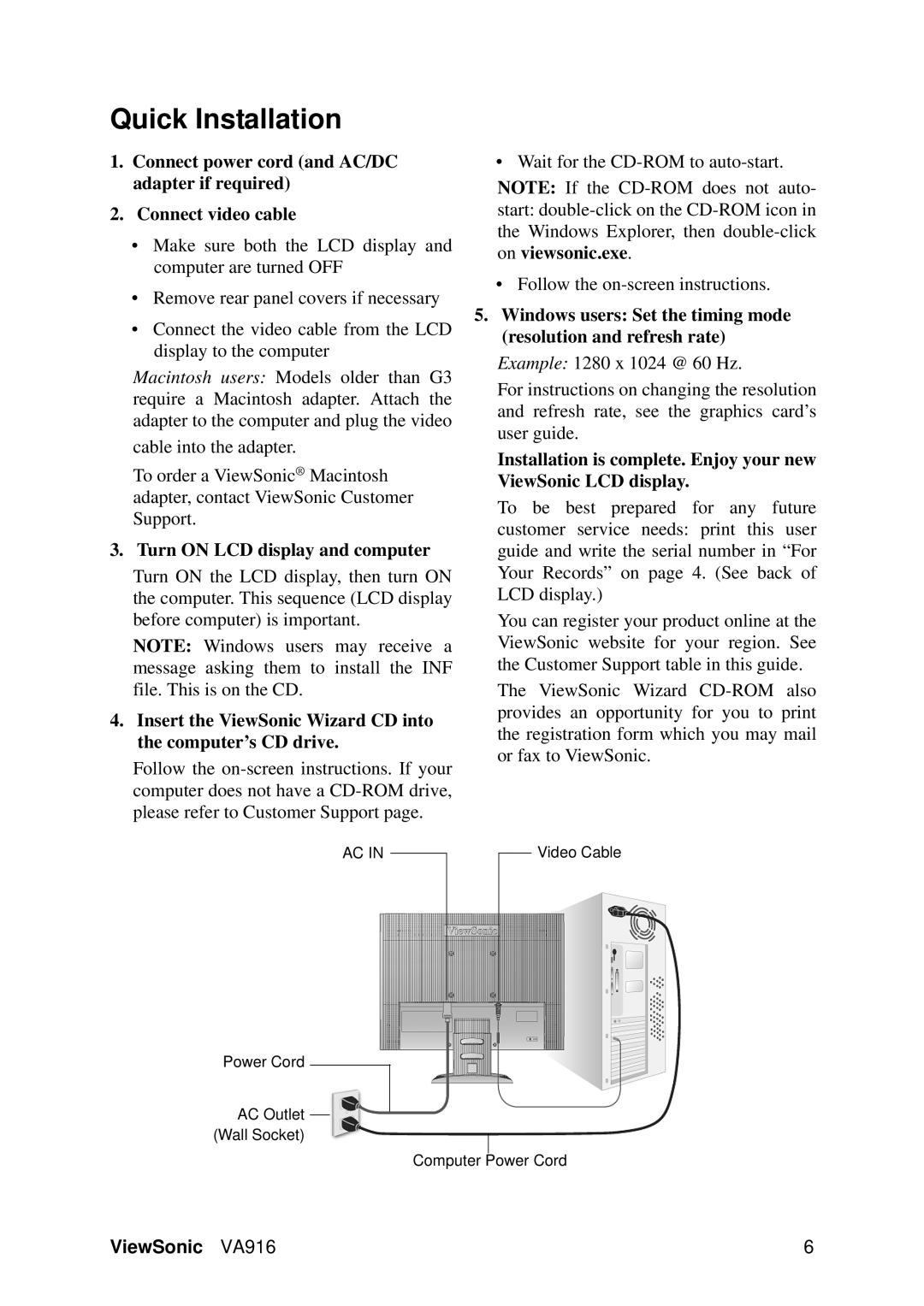 ViewSonic VS11962, VA916 warranty Quick Installation, Turn on LCD display and computer 