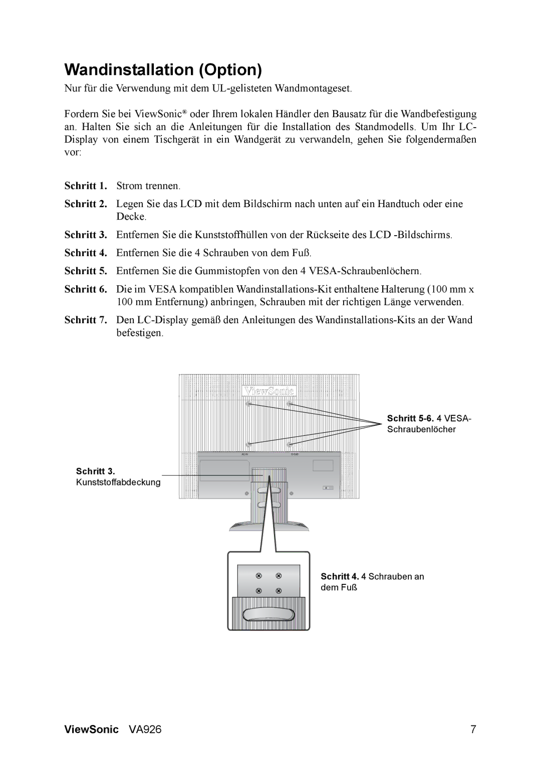 ViewSonic VA926 manual Wandinstallation Option 