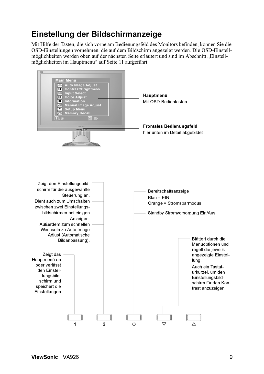 ViewSonic VA926 manual Einstellung der Bildschirmanzeige, Frontales Bedienungsfeld 