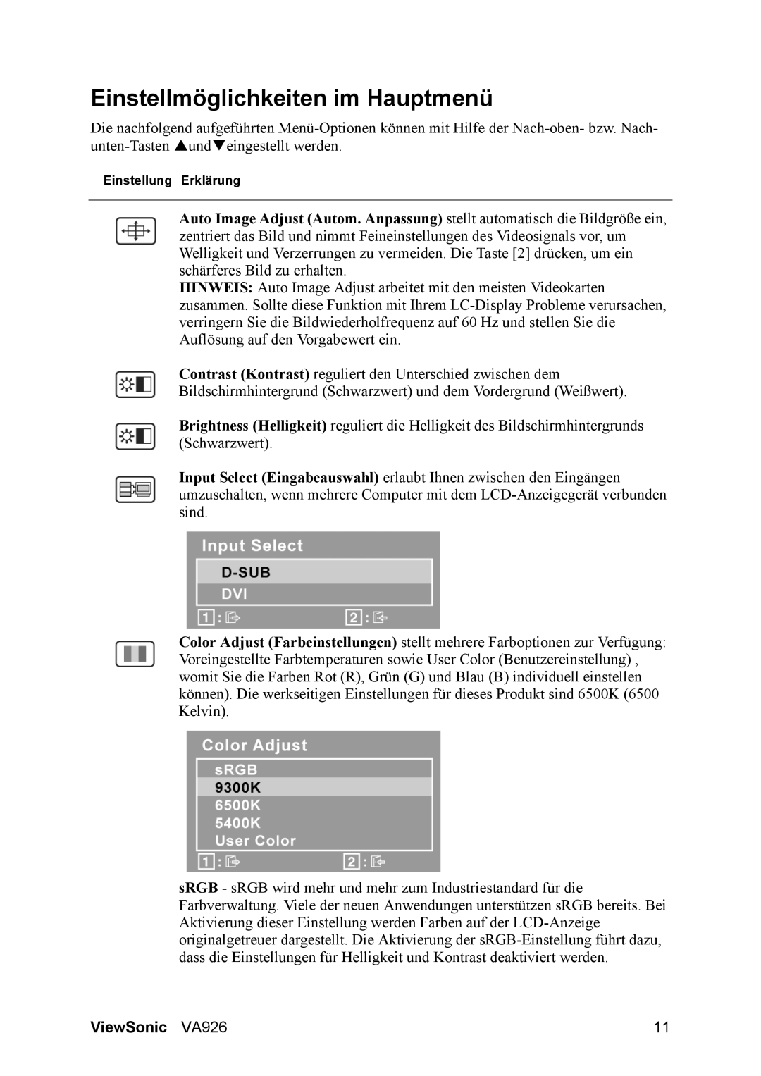 ViewSonic VA926 manual Einstellmöglichkeiten im Hauptmenü 