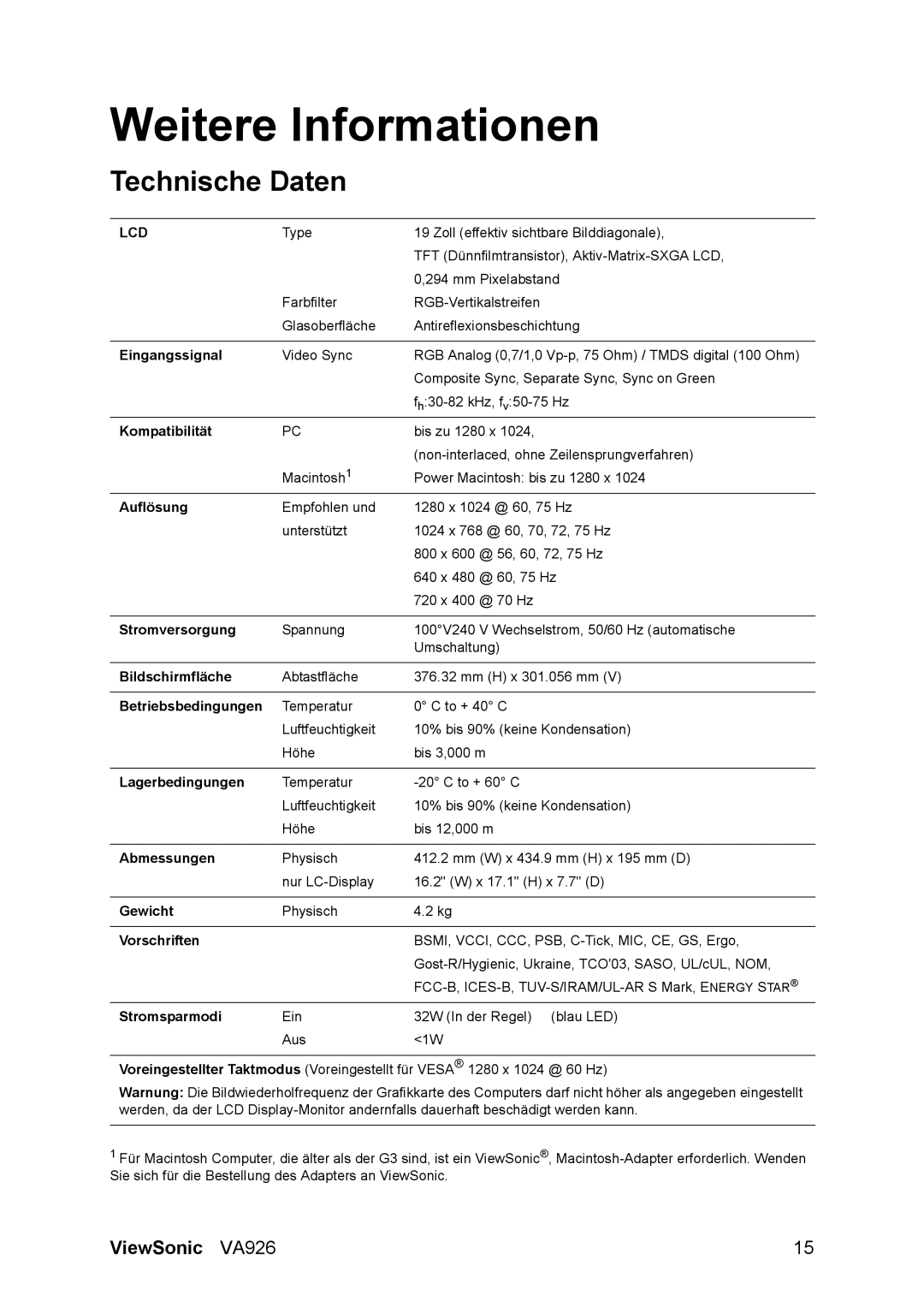 ViewSonic VA926 manual Weitere Informationen, Technische Daten 