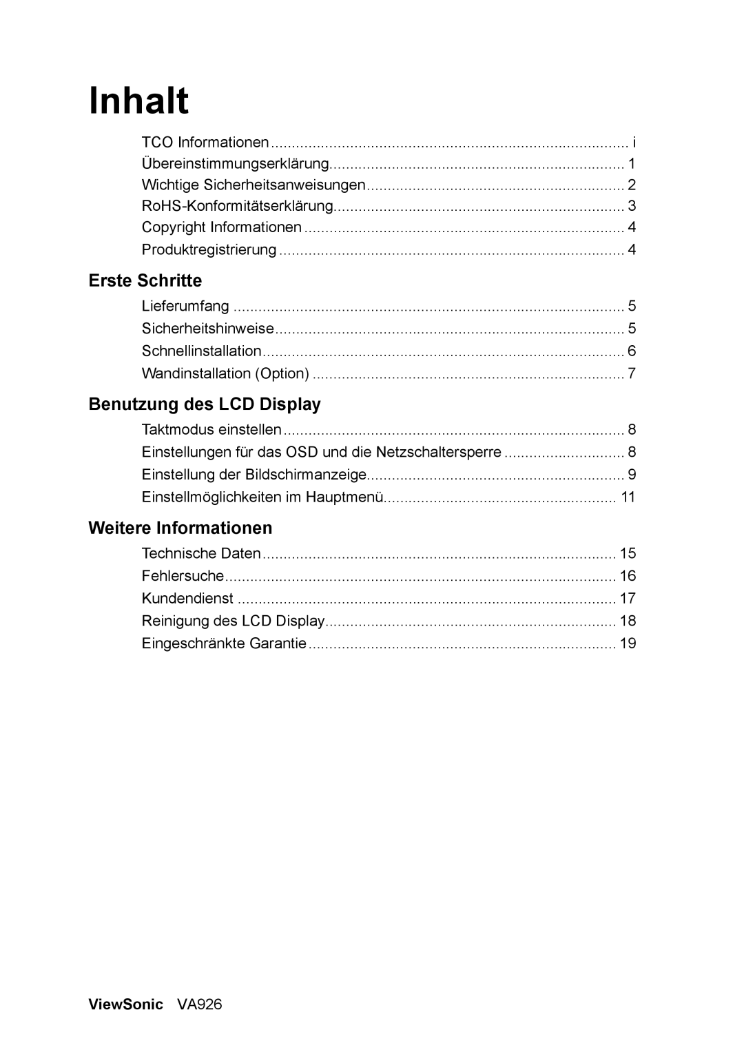 ViewSonic manual Inhalt, ViewSonic VA926 