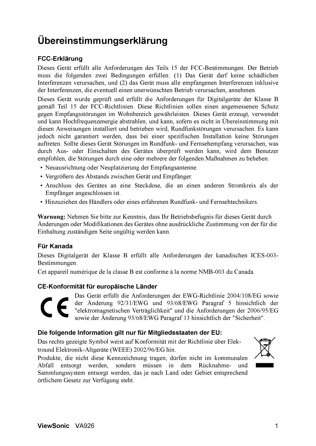 ViewSonic VA926 manual Übereinstimmungserklärung, FCC-Erklärung, Für Kanada, CE-Konformität für europäische Länder 