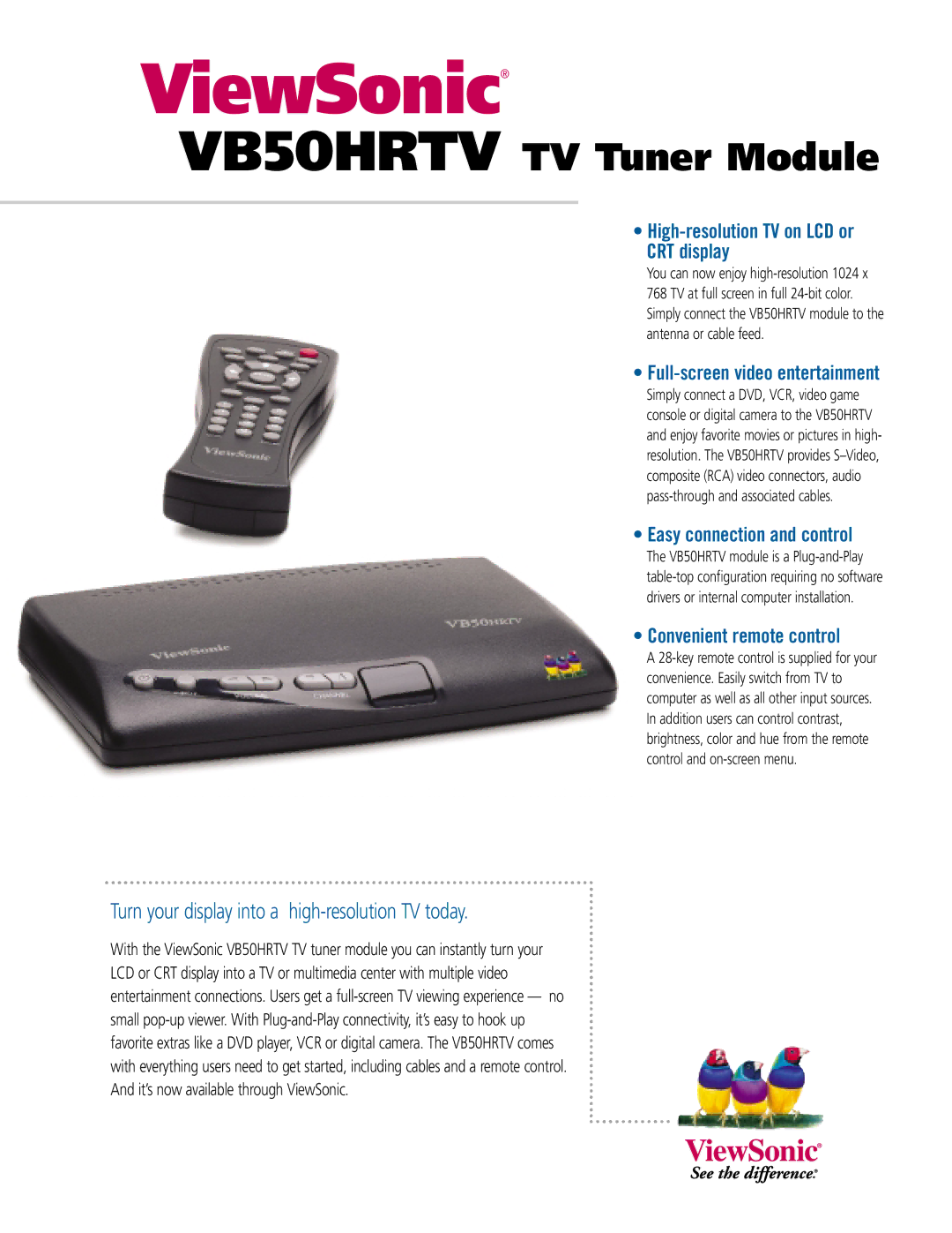 ViewSonic VB50HRTV manual High-resolution TV on LCD or CRT display, Full-screen video entertainment 