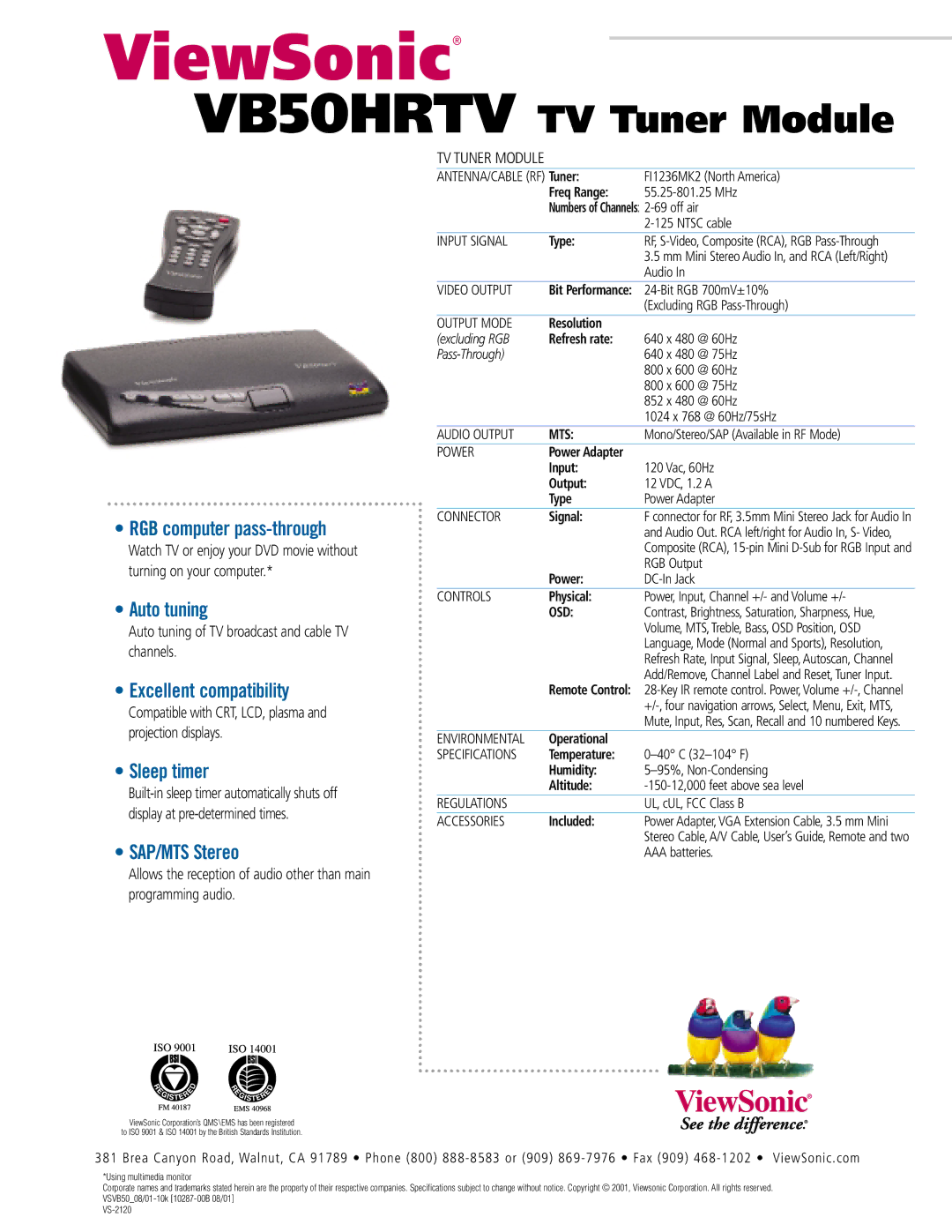 ViewSonic VB50HRTV manual RGB computer pass-through, Auto tuning, Excellent compatibility, Sleep timer, SAP/MTS Stereo 