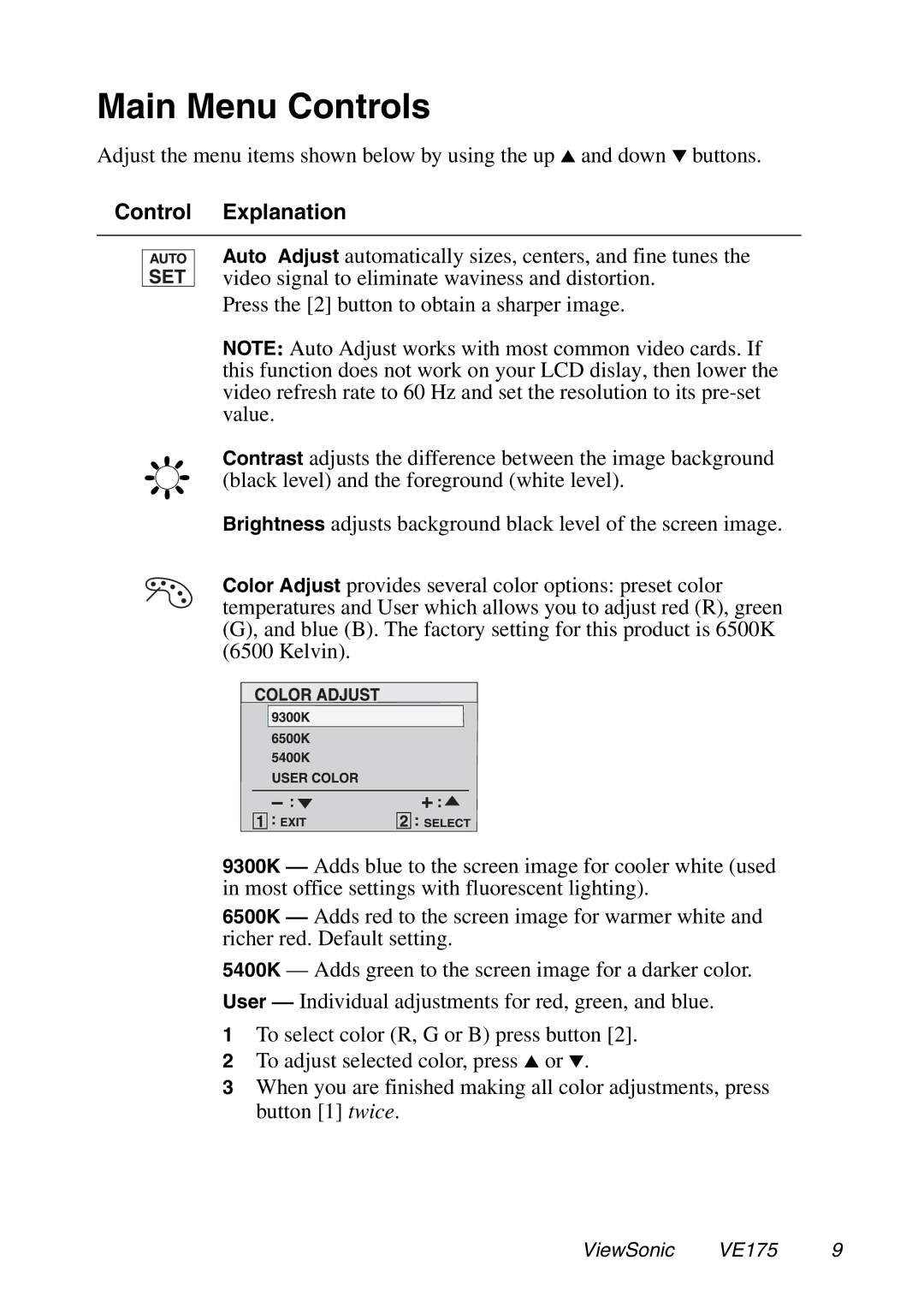 ViewSonic VE175 manual Main Menu Controls, Control Explanation 