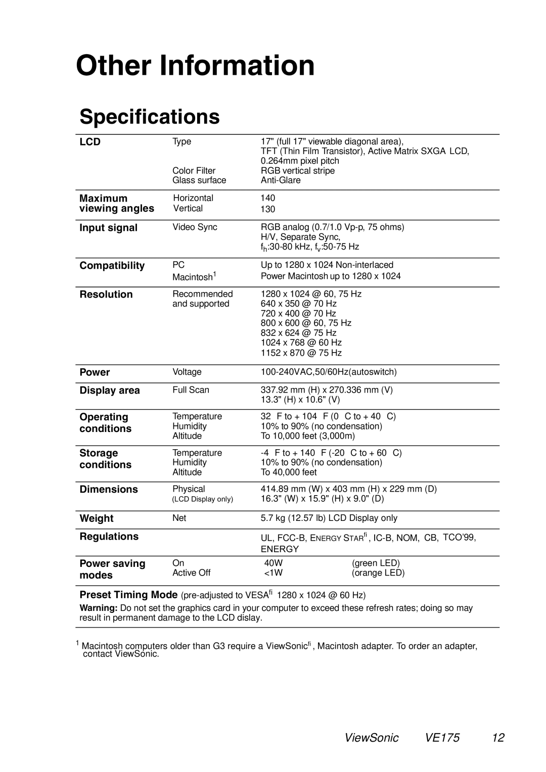 ViewSonic VE175 manual Other Information, Specifications 