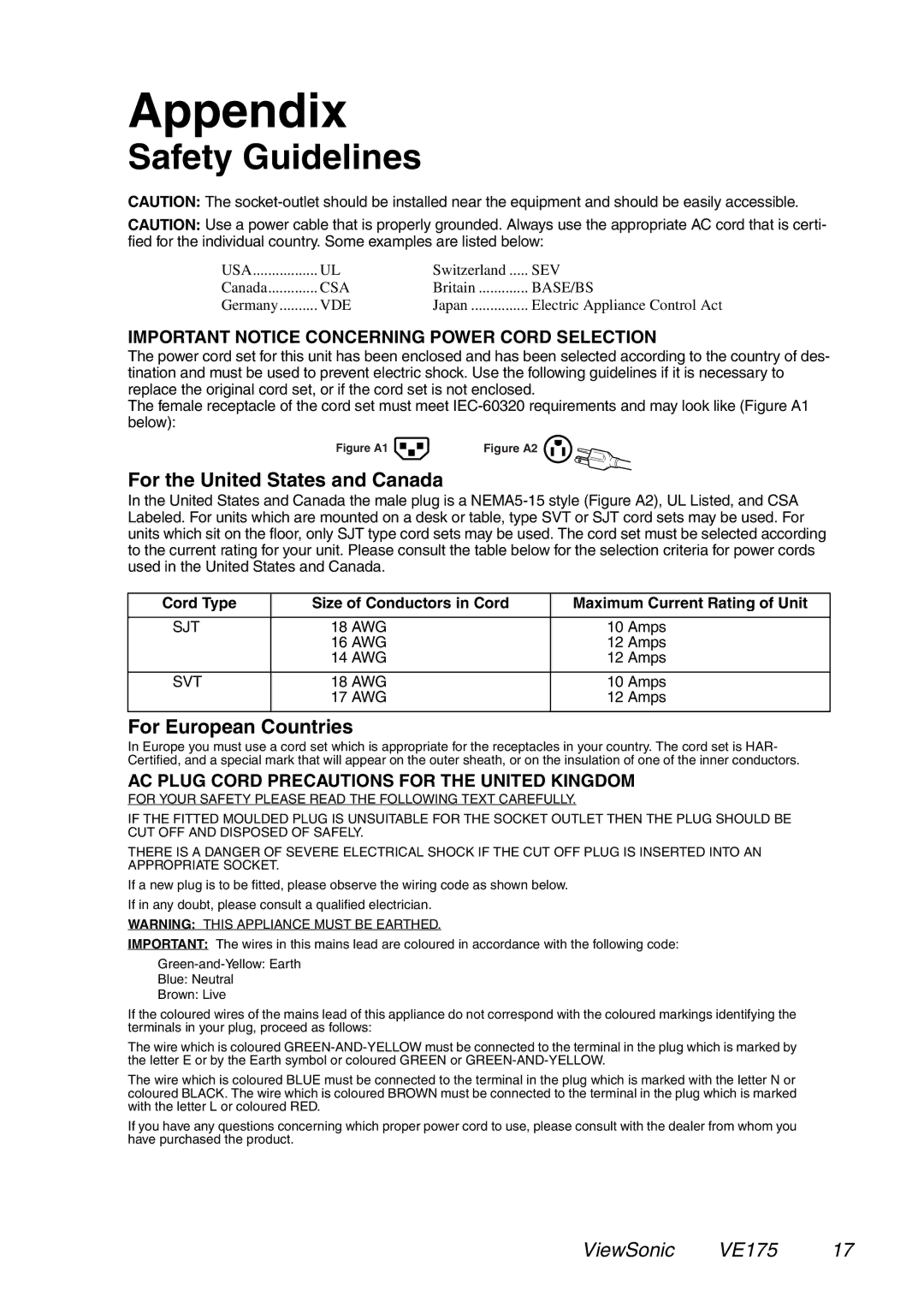 ViewSonic VE175 manual Appendix, Safety Guidelines 