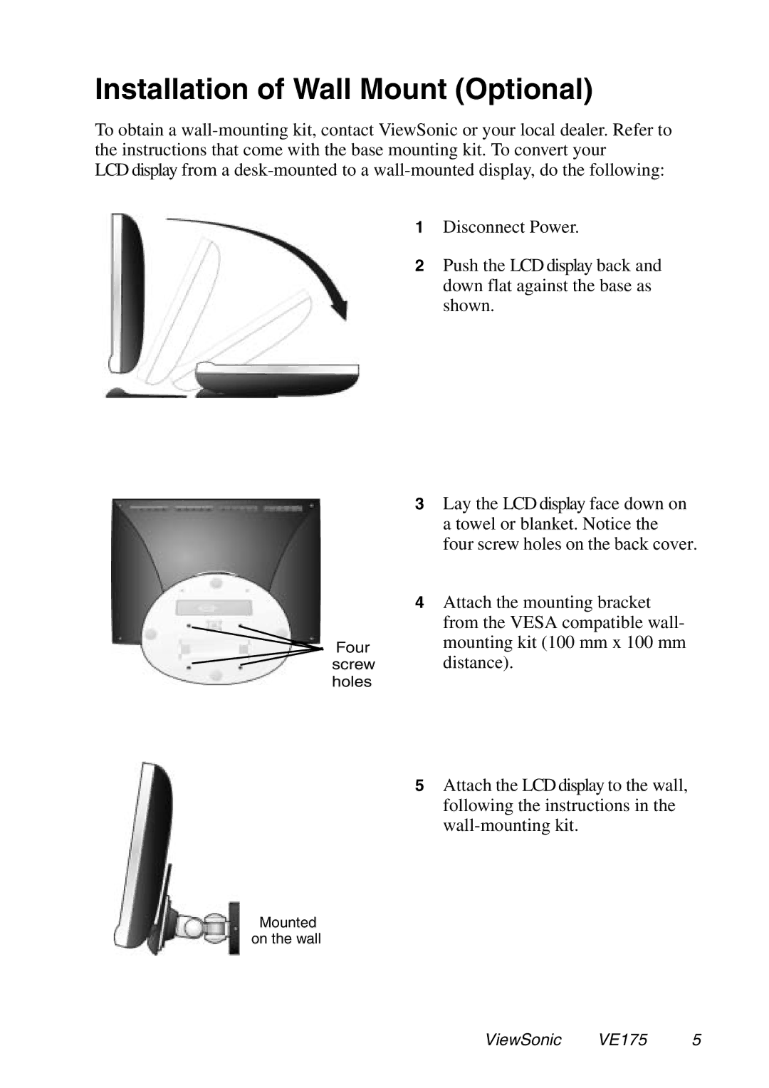 ViewSonic VE175 manual Installation of Wall Mount Optional 