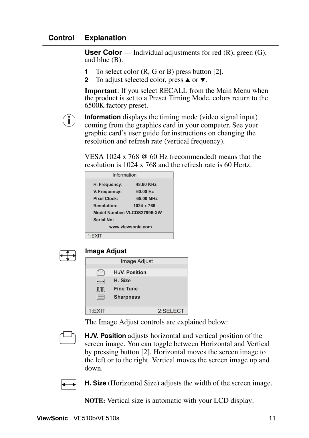 ViewSonic VE510B manual Image Adjust 