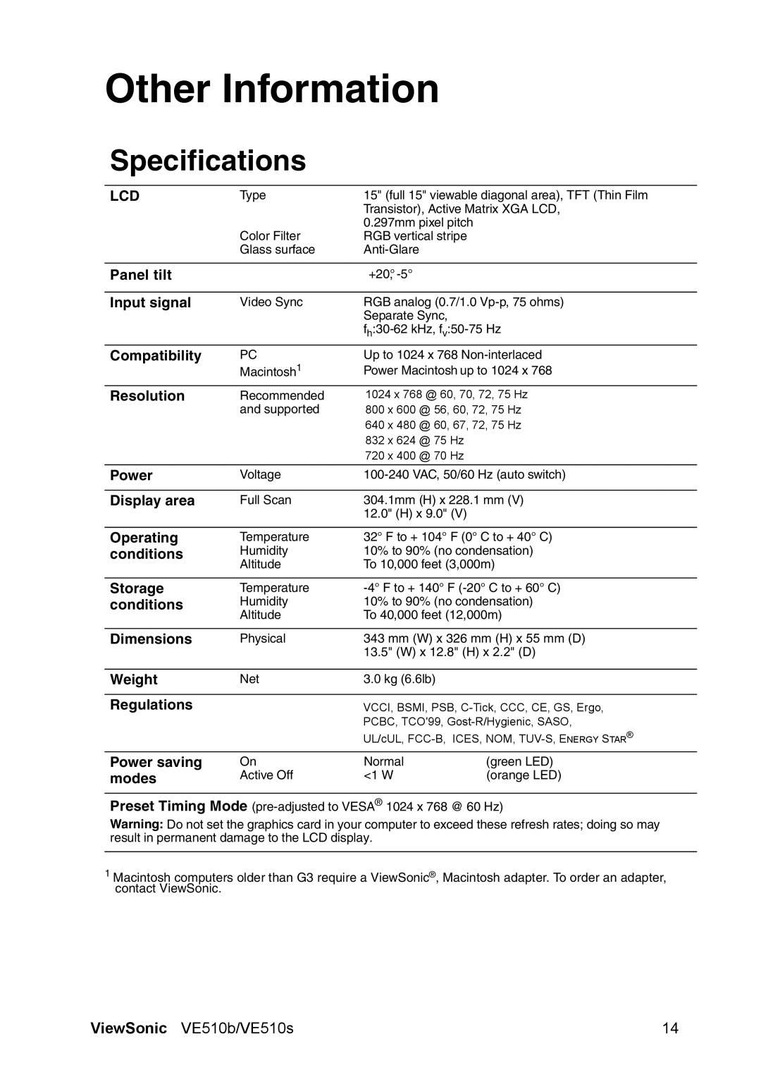 ViewSonic VE510B manual Other Information, Specifications 