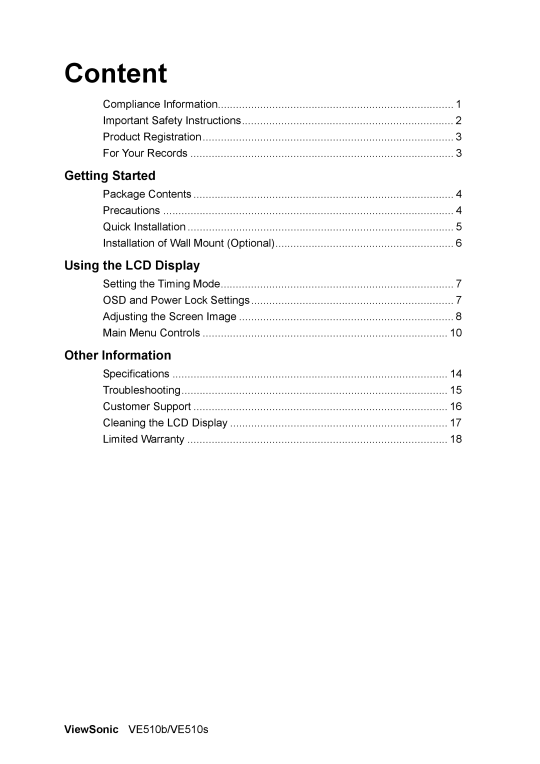 ViewSonic VE510B manual Content 