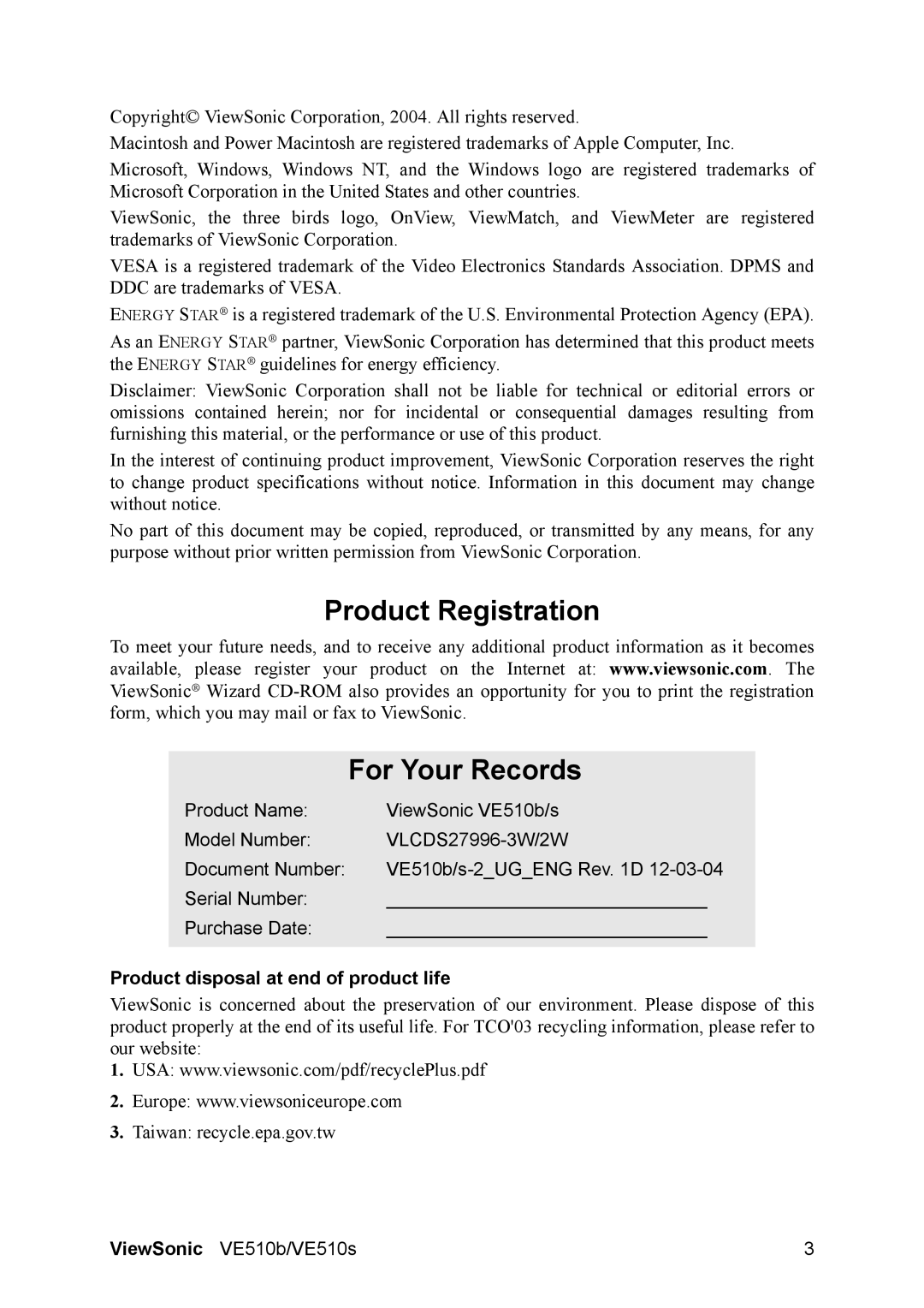 ViewSonic VE510B manual Product Registration For Your Records, Product disposal at end of product life 