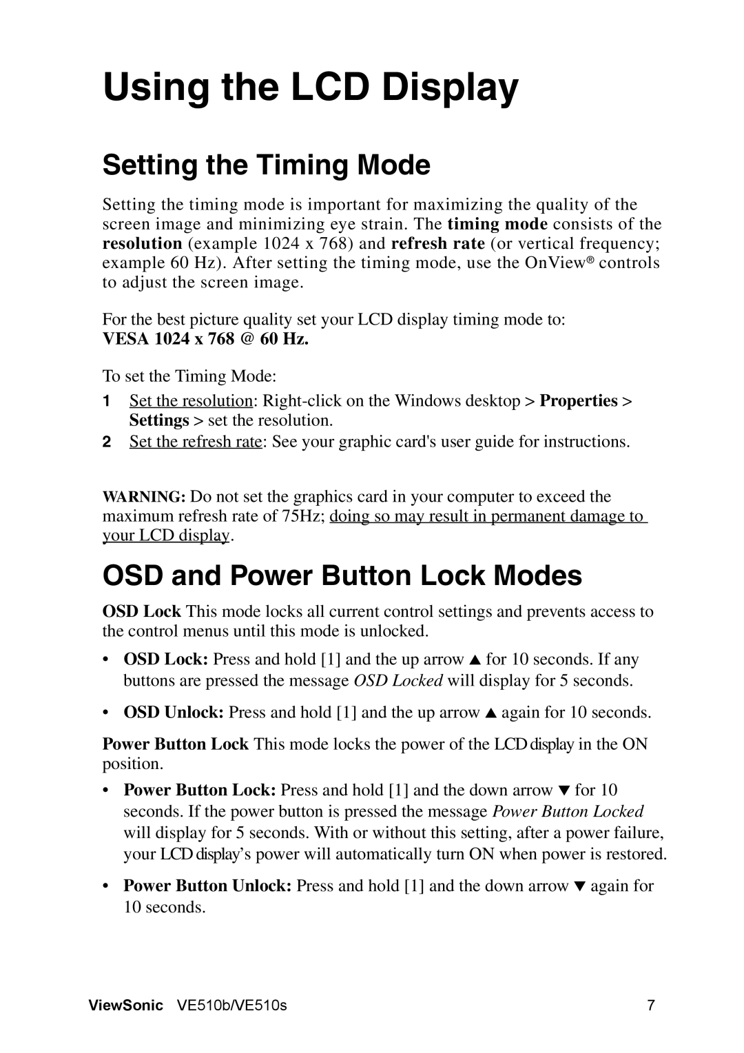 ViewSonic VE510B manual Setting the Timing Mode, OSD and Power Button Lock Modes 