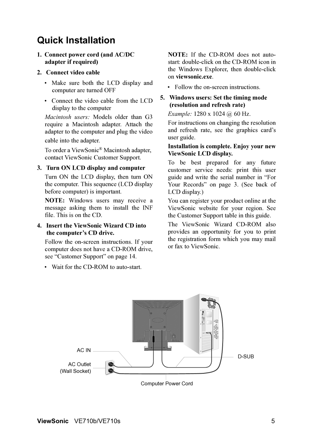 ViewSonic VE710b manual Quick Installation, Turn on LCD display and computer 