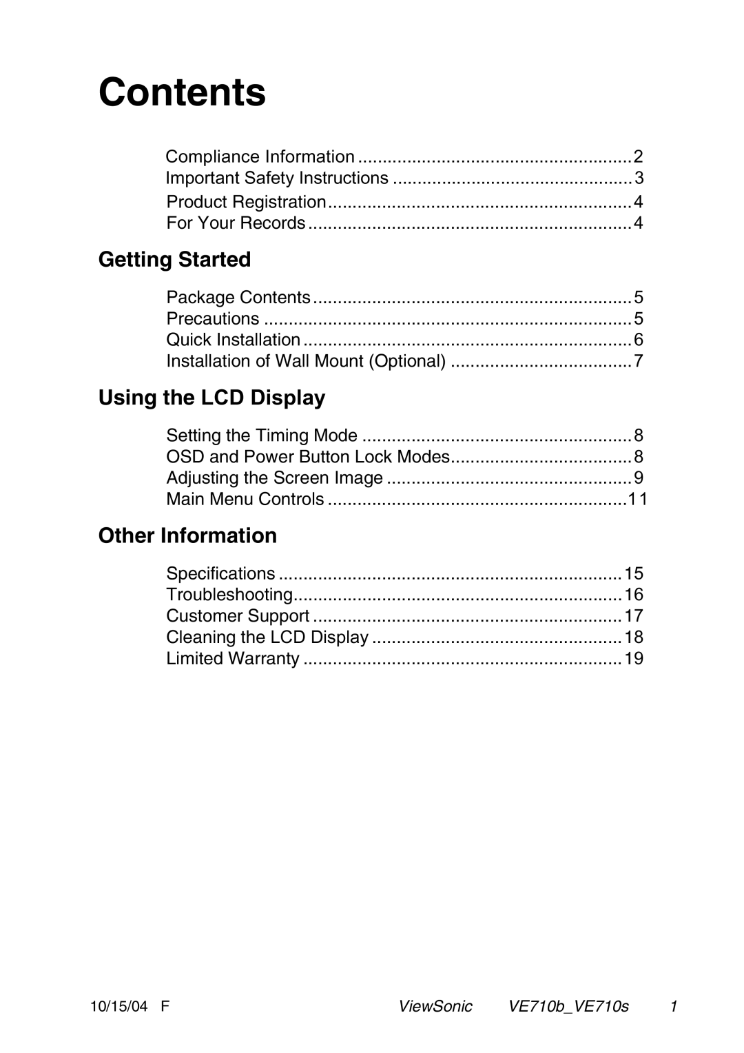 ViewSonic VE710s manual Contents 