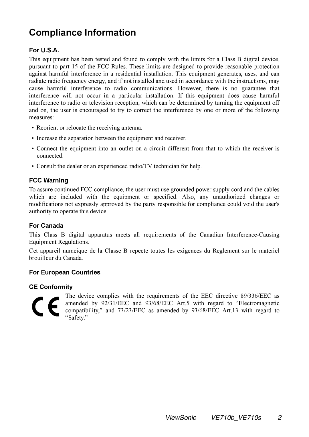 ViewSonic VE710s manual Compliance Information 