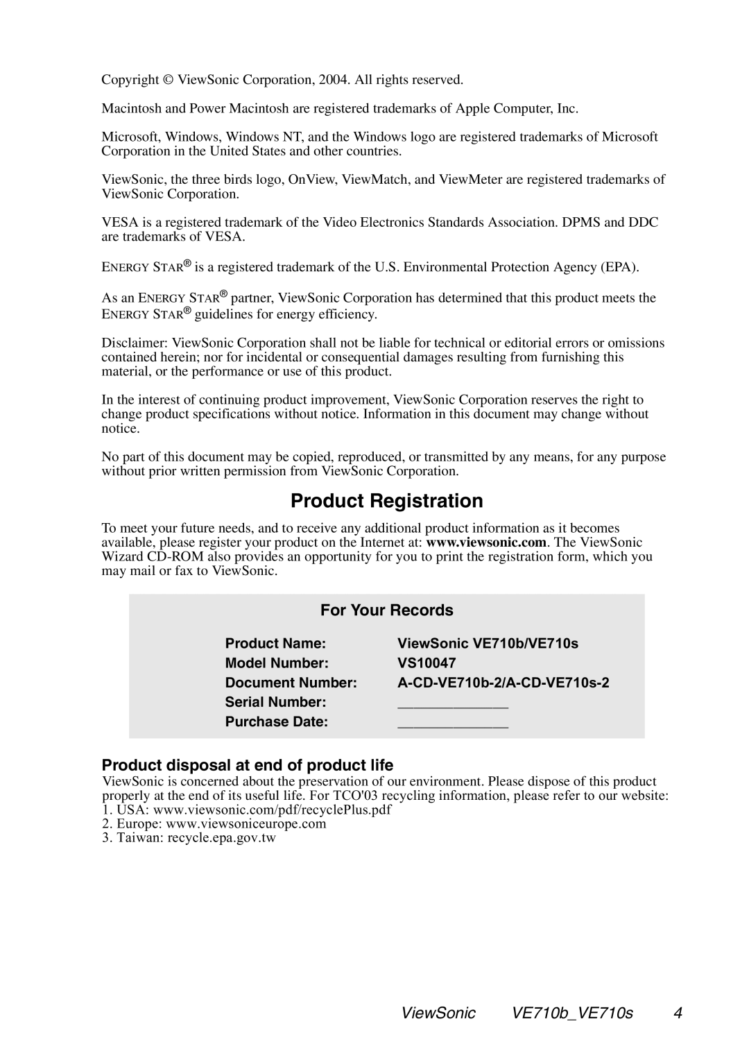 ViewSonic VE710s manual Product Registration 