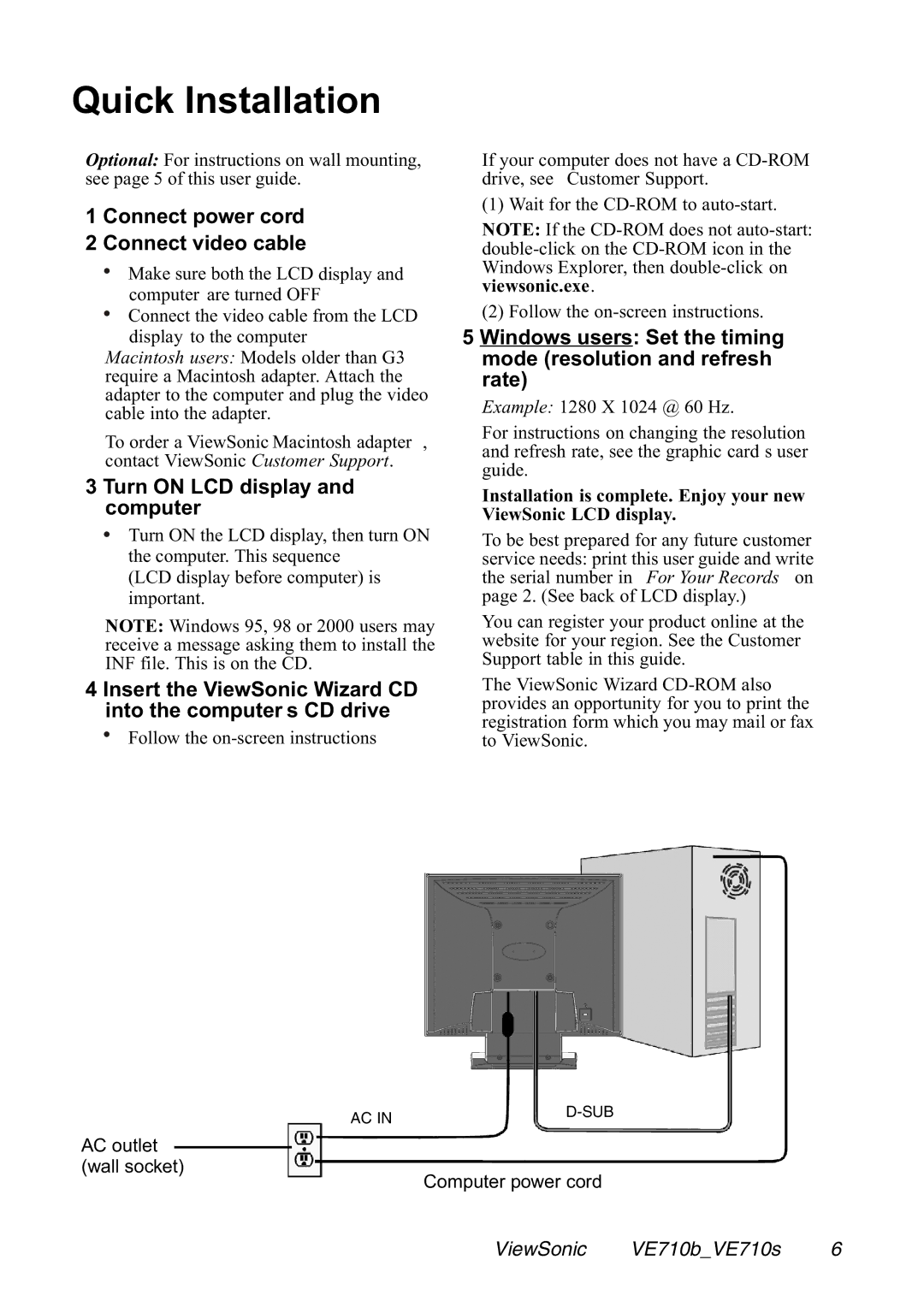 ViewSonic VE710s manual Quick Installation 